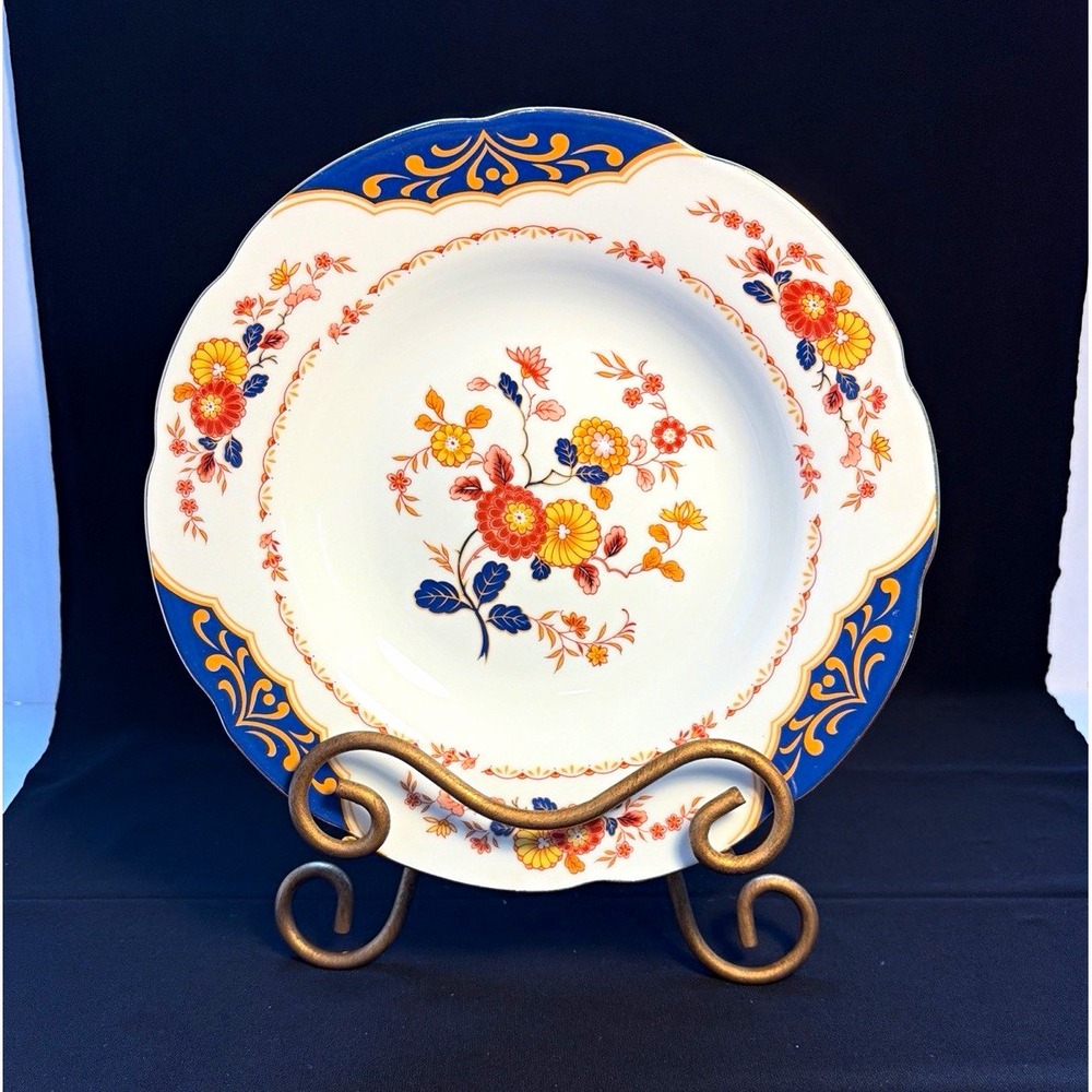 Premiere Canton Fair ME 217 Floral China Bowl Blue Gold Rim White Orange Yellow